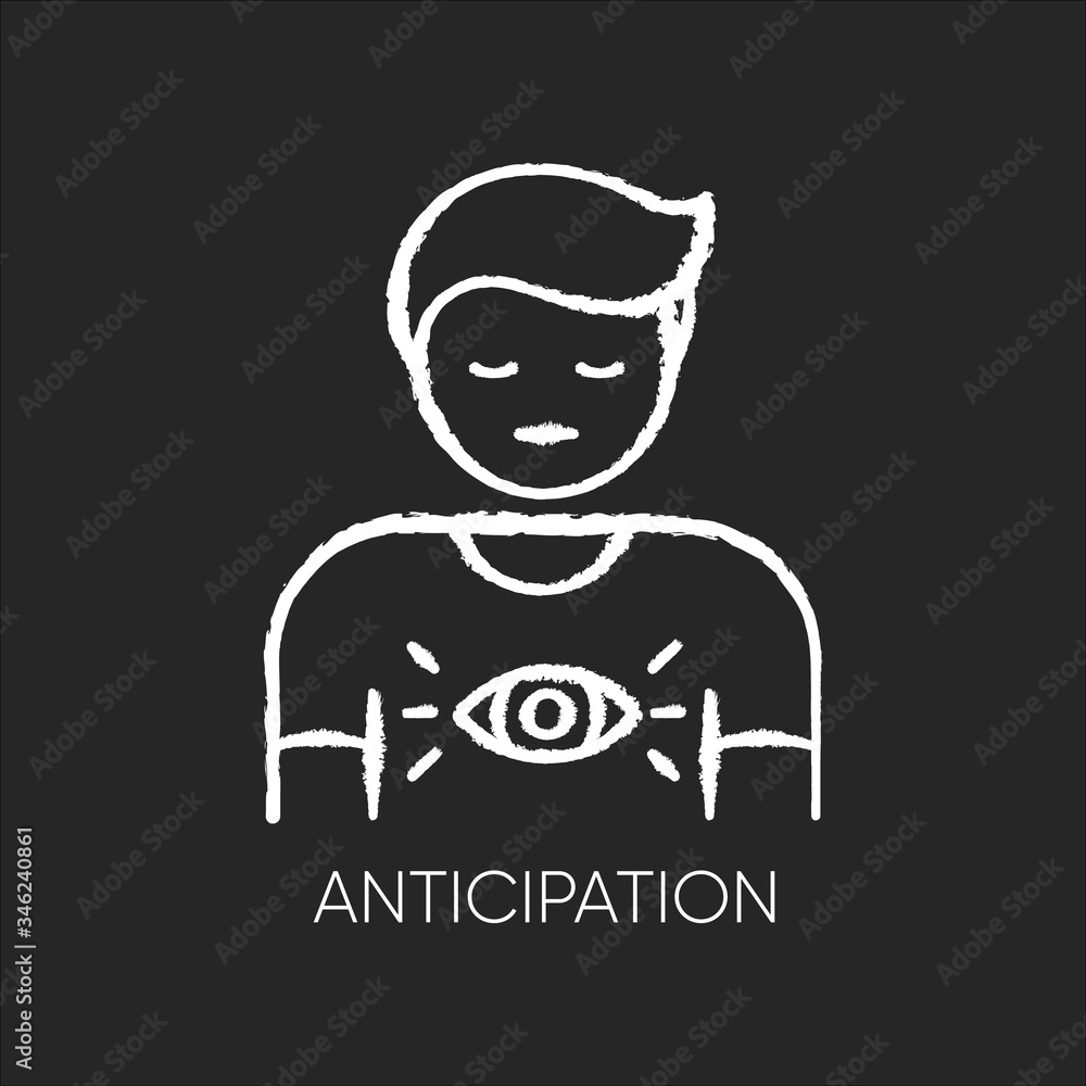 Anticipation chalk white icon on black background. Man expecting future. Person with intuitive prediction. Third eye. Spiritual experience. Mental state. Isolated vector chalkboard illustration Anticipation chalk white icon on black background. Man expecting future. Person with intuitive prediction. Third eye. Spiritual experience. Mental state. Isolated vector chalkboard illustration