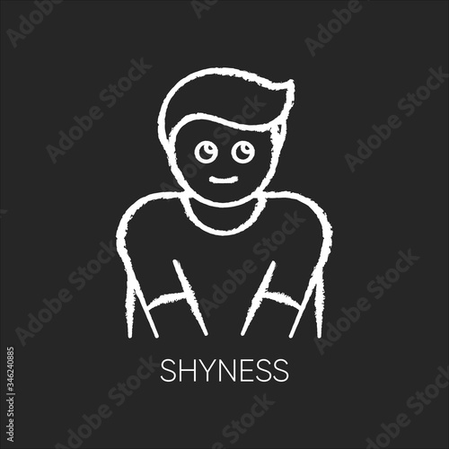 Shyness chalk white icon on black background. Person feeling awkward. Man embarrassed. Social anxiety. Low self esteem. Worry and doubt. Avoid eye contact. Isolated vector chalkboard illustration