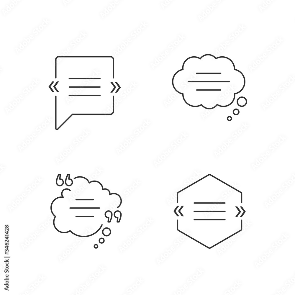 Chat bubble with quotation marks pixel perfect linear icons set. Empty dream clouds. Customizable thin line contour symbols. Isolated vector outline illustrations. Editable stroke Chat bubble with quotation marks pixel perfect linear icons set. Empty dream clouds. Customizable thin line contour symbols. Isolated vector outline illustrations. Editable stroke
