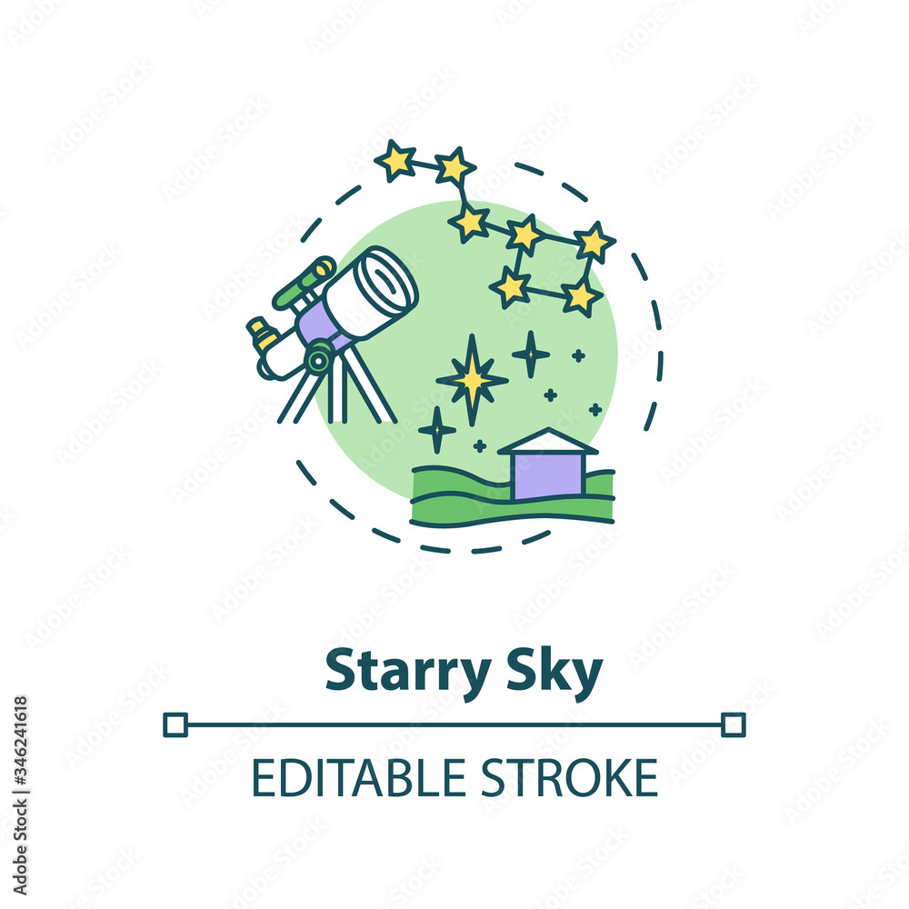 Starry sky concept icon. Watch constellation with telescope. Night sky observation. Country camping idea thin line illustration. Vector isolated outline RGB color drawing. Editable stroke Starry sky concept icon. Watch constellation with telescope. Night sky observation. Country camping idea thin line illustration. Vector isolated outline RGB color drawing. Editable stroke