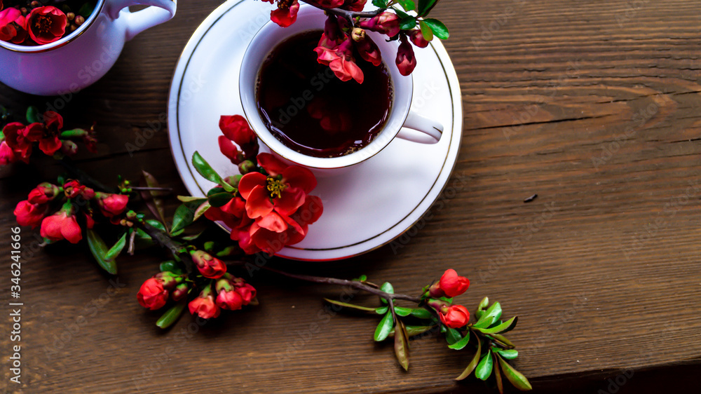 red quince flowers reflected in tea in a white porcelain cup in the gardenя red quince flowers reflected in tea in a white porcelain cup in the gardenя