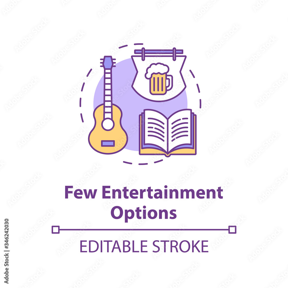 Few entertainment options concept icon. No music events. Leisure in pub. Village lifestyle disadvantage idea thin line illustration. Vector isolated outline RGB color drawing. Editable stroke Few entertainment options concept icon. No music events. Leisure in pub. Village lifestyle disadvantage idea thin line illustration. Vector isolated outline RGB color drawing. Editable stroke