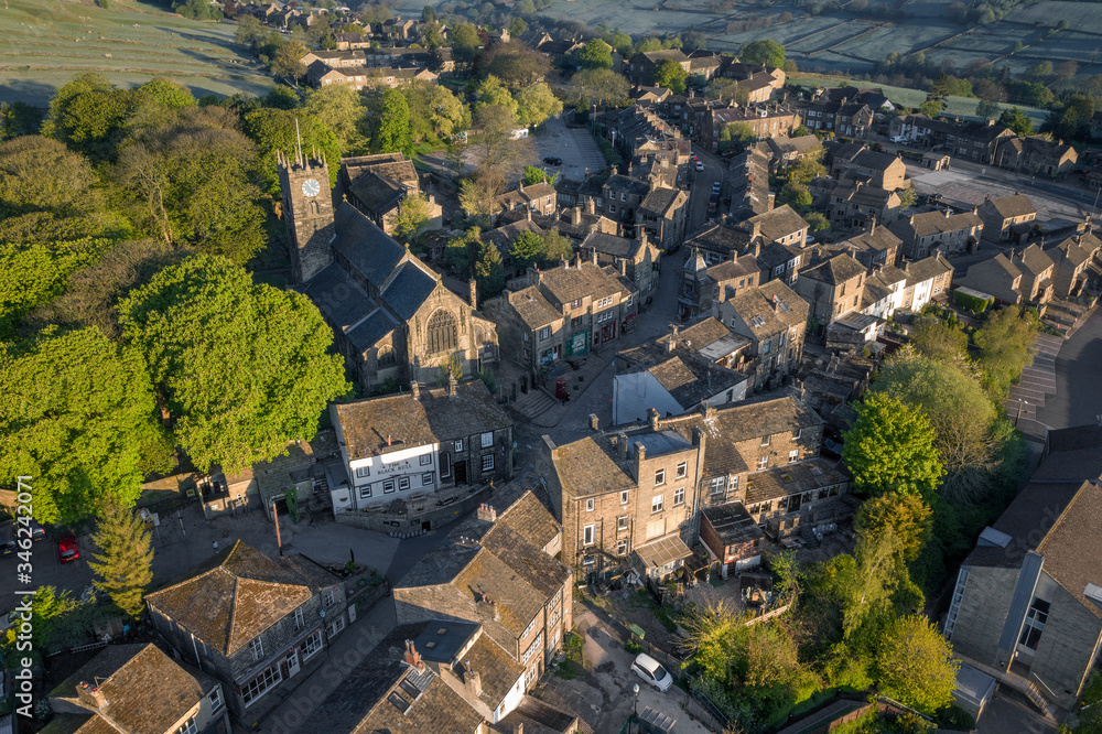 Aerial Shot of Haworth main street, near Keighley, West Yorkshire home of the Bronte Sisters, featuring St Michael & All Angels Church, where Maria Brontë, Patrick Brontë, Elizabeth Brontë, are buried