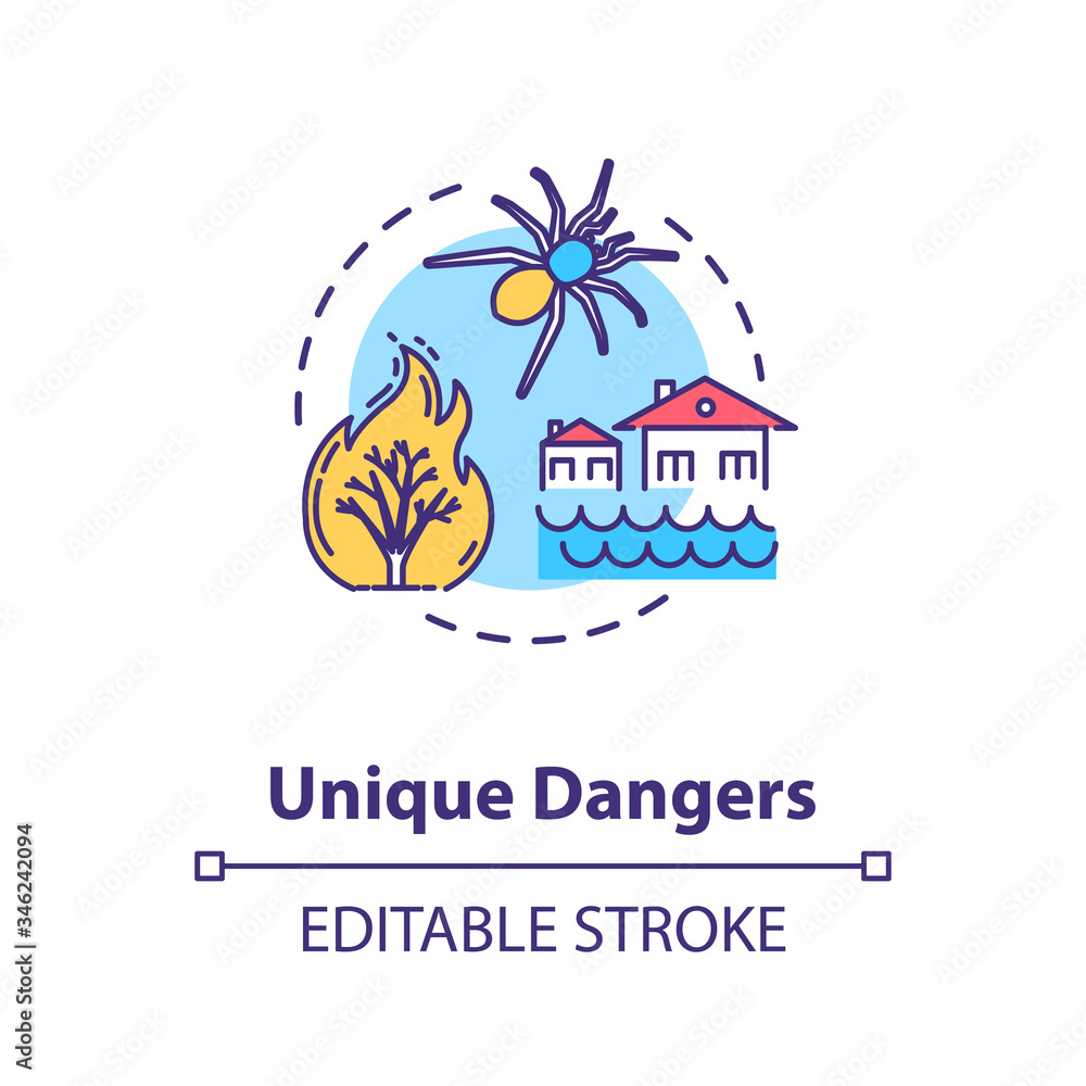 Unique dangers concept icon. Forest fire. Water flood in village. Poisonous bug. Country cataclysm idea thin line illustration. Vector isolated outline RGB color drawing. Editable stroke