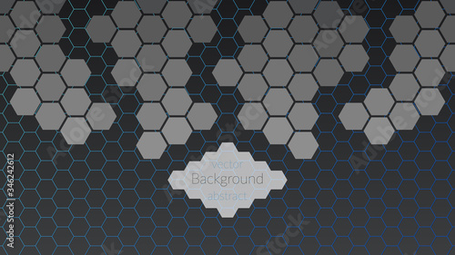 Vector metallic blue hexagonal shapes on a dark abstract gradient background. For banner, print design, social networks, web, place for text. Copyspace.