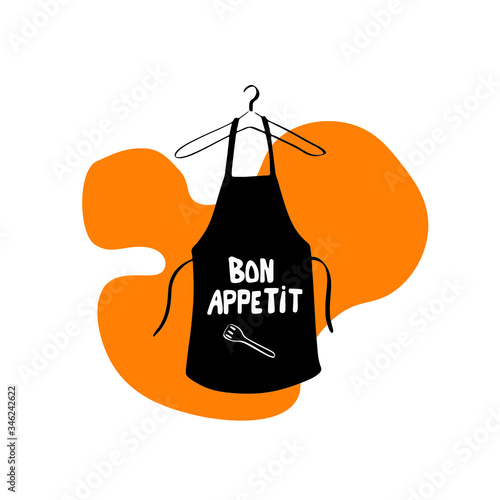 Bon appetite curly lettering with black apron illustration hanging in hanger and orange shape. Hand drawn vector illustration. Perfect for logo, label, badges, icon. Isolated white and black