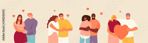 Loving hugging couples set. Valentine day vector illustration