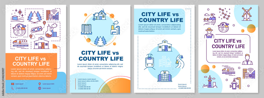 City life vs country life brochure template. Urban and rural lifestyle. Flyer, booklet, leaflet print, cover design with linear icons. Vector layouts for magazines, annual reports, advertising posters