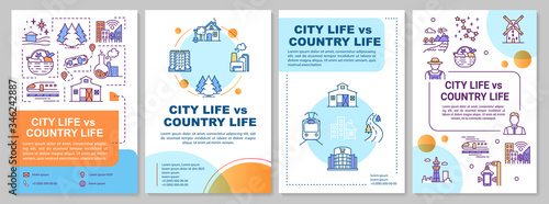 City life vs country life brochure template. Urban and rural lifestyle. Flyer, booklet, leaflet print, cover design with linear icons. Vector layouts for magazines, annual reports, advertising posters