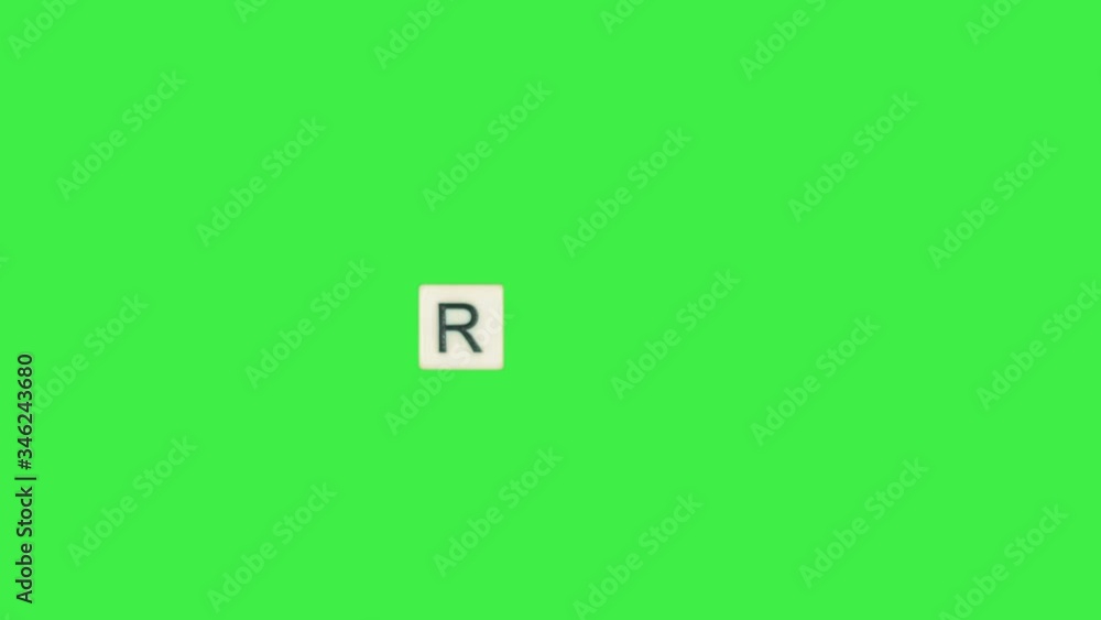 Letter R scrabble slide from left to right side on green screen, letter R green background Letter R scrabble slide from left to right side on green screen, letter R green background