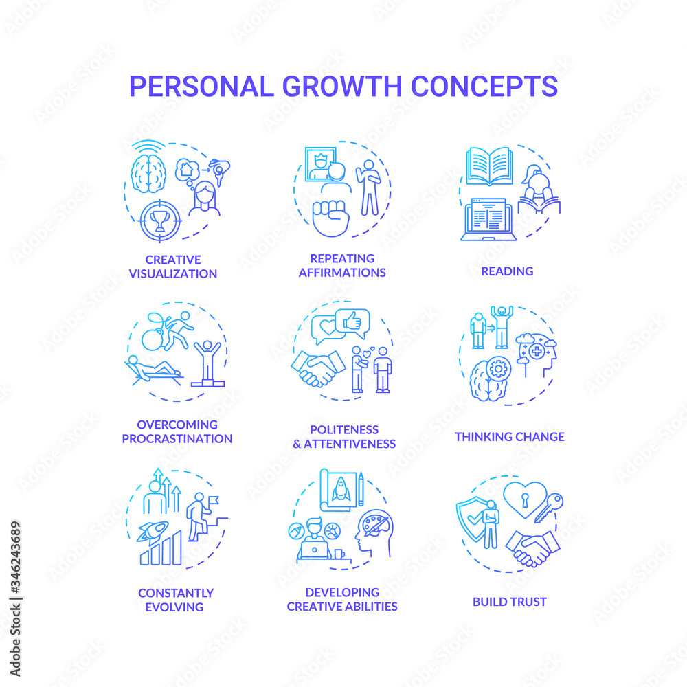 Personal growth concept icons set. Self improvement, goals achievement idea thin line RGB color illustrations. Professional and creative development. Vector isolated outline drawings