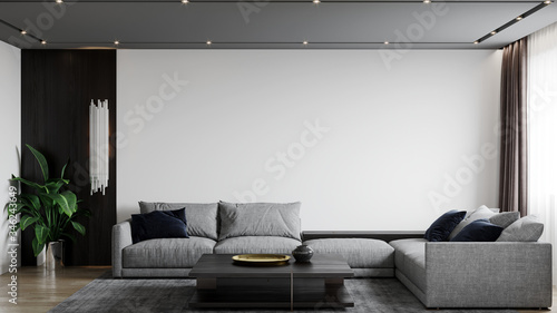 3d render. Large living room with upholstered area - gray sofa and blue pillows. Black wood furniture and panels on the wall. Gray ceiling with niches and light. Modern living room with sofa