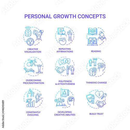 Personal growth concept icons set. Self improvement  goals achievement idea thin line RGB color illustrations. Professional and creative development. Vector isolated outline drawings