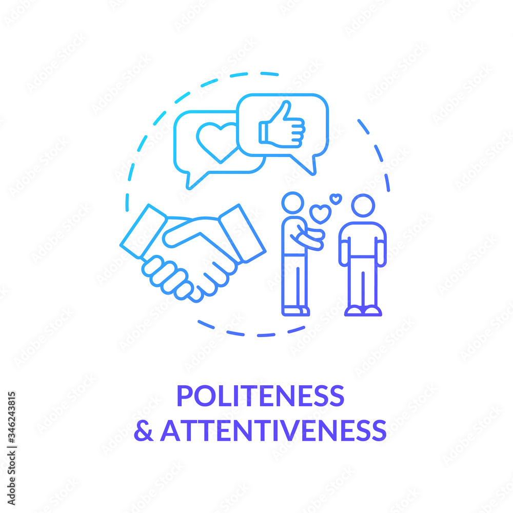 Politeness and attentiveness concept icon. Social growth, self improvement idea thin line illustration. Communication skills development. Vector isolated outline RGB color drawing Politeness and attentiveness concept icon. Social growth, self improvement idea thin line illustration. Communication skills development. Vector isolated outline RGB color drawing