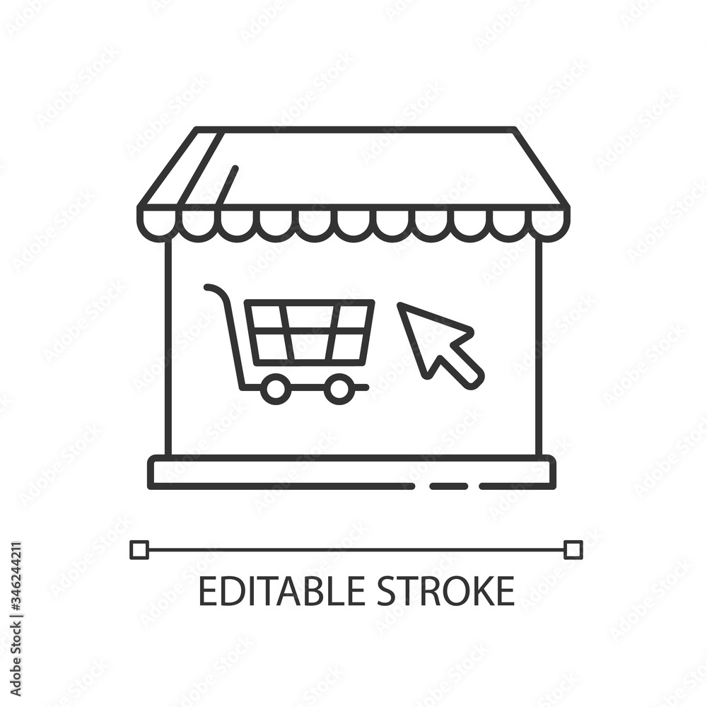 Online store pixel perfect linear icon. Internet store for goods and food. E commerce and retail. Thin line customizable illustration. Contour symbol. Vector isolated outline drawing. Editable stroke Online store pixel perfect linear icon. Internet store for goods and food. E commerce and retail. Thin line customizable illustration. Contour symbol. Vector isolated outline drawing. Editable stroke