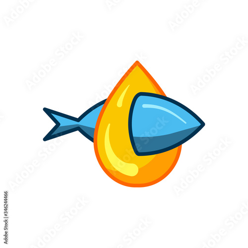 Fish oil icon isolated on white background. Vitamin omega 3 template. Drops and fish silhouette. Flat style. Treatment nutrition skin care vector design.
