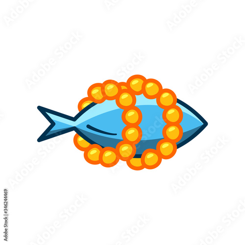 Fish oil icon isolated on white background. Vitamin omega 3 template. Drops and fish silhouette. Flat style. Treatment nutrition skin care vector design.