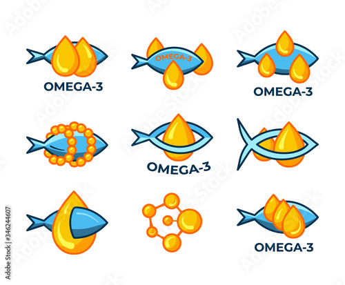 Set of fish oil icons isolated on white background. Vitamin omega 3 template. Drops and fish silhouette. Flat style. Treatment nutrition skin care vector design.