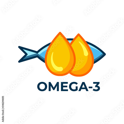 Fish oil icon isolated on white background. Vitamin omega 3 template. Drops and fish silhouette. Flat style. Treatment nutrition skin care vector design.