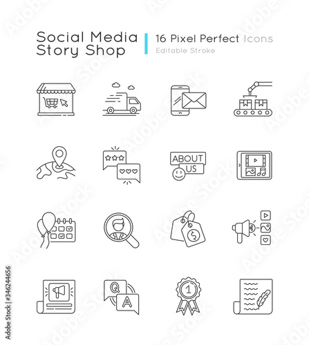 Social media story pixel perfect linear icons set. Online shopping. Global shipping. Internet store. Customizable thin line contour symbols. Isolated vector outline illustrations. Editable stroke
