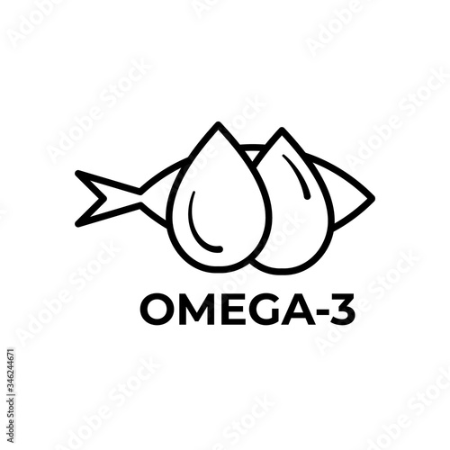 Fish oil icon isolated on white background. Vitamin omega 3 template. Drops and fish silhouette. Line style. Treatment nutrition skin care vector design.