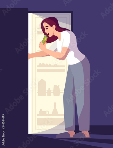 Woman eating at night semi flat RGB color vector illustration. Stressed girl having snack isolated cartoon character on dark background. Emotional eating, insomnia, problem with sleep