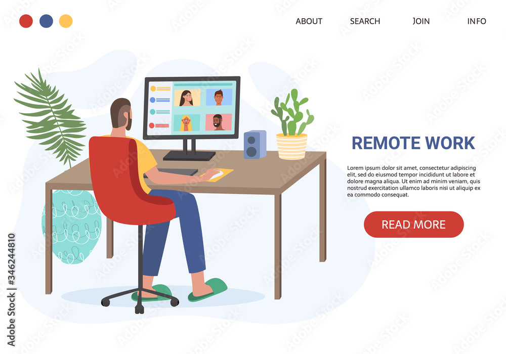 Man sitting in front of computer and working from home. Freelance work and convenient workplace vector concept. Man talking with friends via social media. Distance work, online study, education. Man sitting in front of computer and working from home. Freelance work and convenient workplace vector concept. Man talking with friends via social media. Distance work, online study, education.