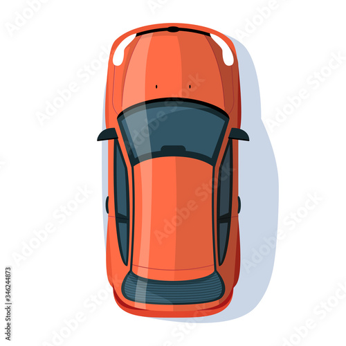 Red sedan semi flat RGB color vector illustration. Transport on road. Journey with automobile. Hatchback auto on street. Personal vehicle isolated cartoon object top view on white background