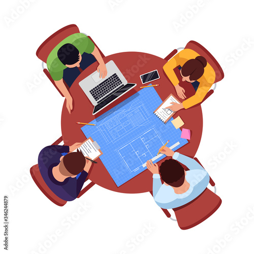 Architect team plan semi flat RGB color vector illustration. Worker meeting at work table. Teamwork on project blueprint. Builder isolated cartoon characters top view on white background