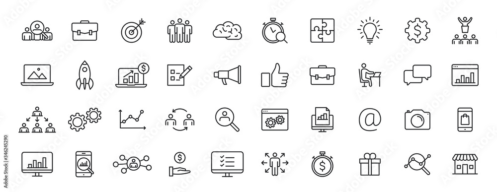 Set of 40 Management web icons in line style. Media, teamwork, business, planning, strategy, marketing. Vector illustration.