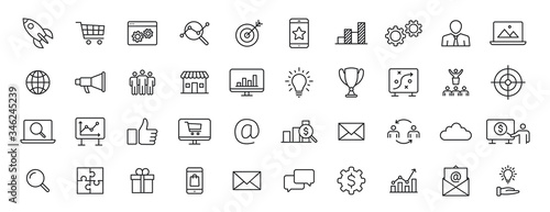 Set of 40 Digital Marketing web icons in line style. Social, networks, feedback, communication, marketing, ecommerce. Vector illustration.