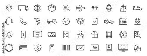 Set of 40 Delivery and logistics web icons in line style. Courier, shipping, express delivery, tracking order, support, business. Vector illustration.