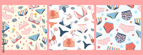 Set of seamless patterns with woman lingerie and underwear. Three backgrounds with stylish bras, panties and bikinis. Hand drawn pattern for textile, T-shirt, wrapping paper. Cute feminine undies set.