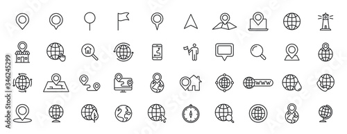 Set of 40 Navigation and location, map, globe web icons in line style. GPS, compass, global, marker, map, pointer. Vector illustration.