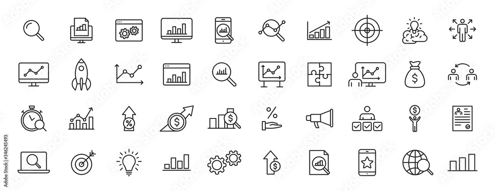Set of 40 Data Analysis web icons in line style. Graphs, Analysis, Big Data, growth, chart, research. Vector illustration.