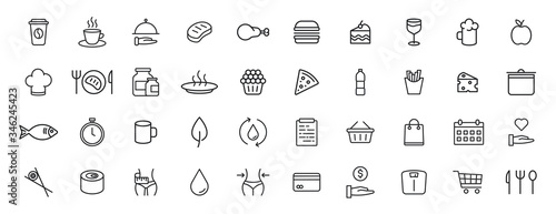 Set of 40 Food and Drink web icons in line style. Coffe, water, eat, restaurant, fastfood. Vector illustration.
