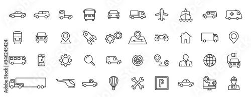 Set of 40 Cars and transport web icons in line style. Airplane, bus, parking, travel, train, comfortable. Vector illustration.