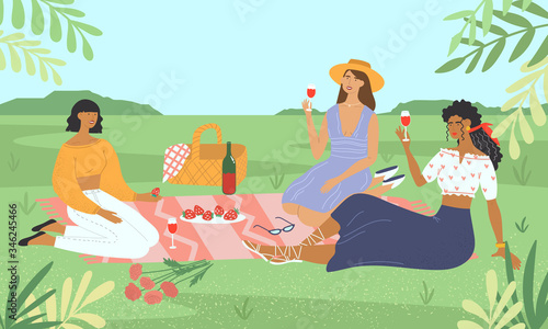Group of young women at a picnic in the park. Smiling friends drinking wine and eating food on the lawn. Girls relaxing and have a lunch outside. Flat colorful vector illustration.