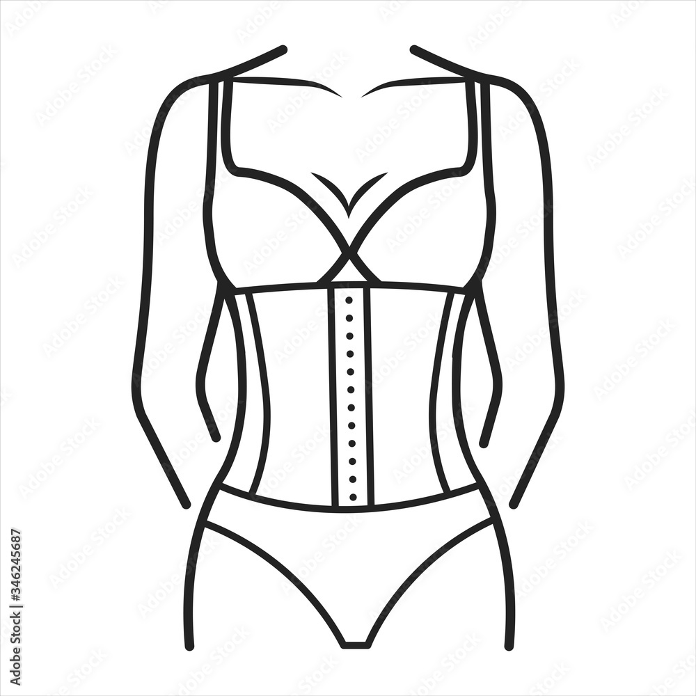 Corset lingerie black line icon. Bodice worn to mould and shape the torso.  This effect is typically achieved through boning, either of bone or steel.  Editable stroke. Stock Vector | Adobe Stock