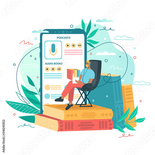 Man is sitting and reading books. Online audio book application, smartphone and colorful books on background. Concept for mobile application for reading. Vector illustration for landing page, ui, app.