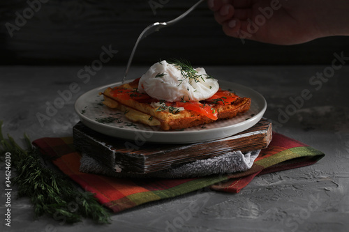 Obraz na płótnie Belgian waffle with salmon and porched egg w salonie