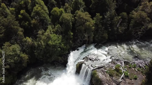 Aerial View of River and Waterfall in Puyehue National Park, Chile photo