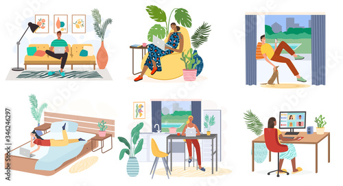 Man and woman with laptops, computers and smartphones are working from home. Freelance work and workplace vector concept. Kitchen, bedroom interior. Distance work, online study, online education.