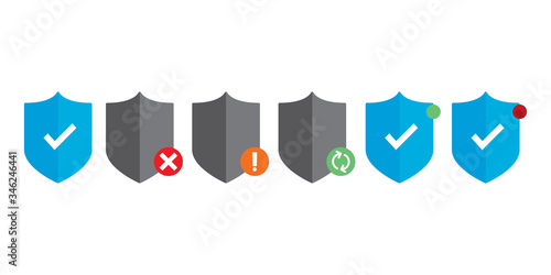 Protection shields pack with status notification. Anti virus defense icon with task indicator. Pointed shield. Updating, alarm, virus detection, warning, awareness. Vector. Simple design. Software.