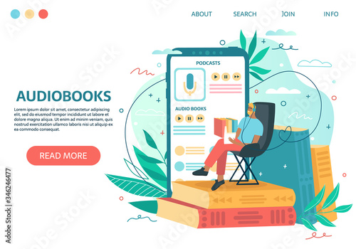 Man is sitting and reading books. Online audio book application, smartphone and colorful books on background. Concept for mobile application for reading. Vector illustration for landing page, UI, app.
