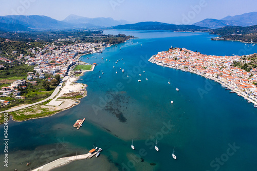 Top aerial view of the Poros island Sea harbor, Aegean sea, Greece. Panoramic view of city Poros