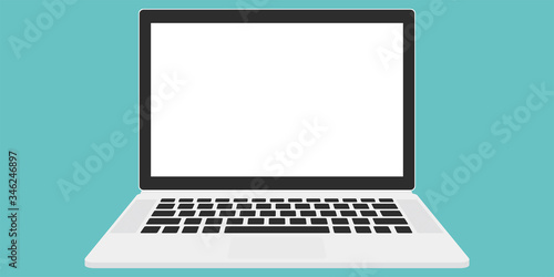 laptop layout in flat style, device screen layout. Realistic open laptop with blank screen for you design.