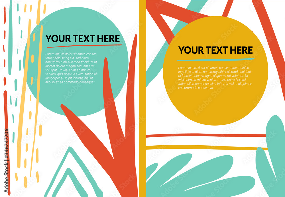 Cyan, yellow and red hand drawn abstract template with circle, shapes ...