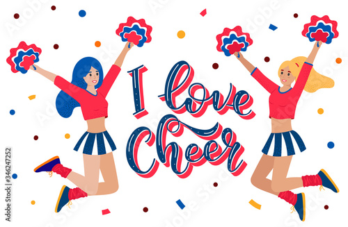 I love cheer lettering with cartoon flat cheerleader girl. Vector stock illustration. Colored text and two jumping students with pom