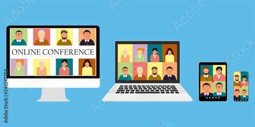 Online conference and training. People group on laptop screen taking part in online conference. call screen template. Illustration of webinar